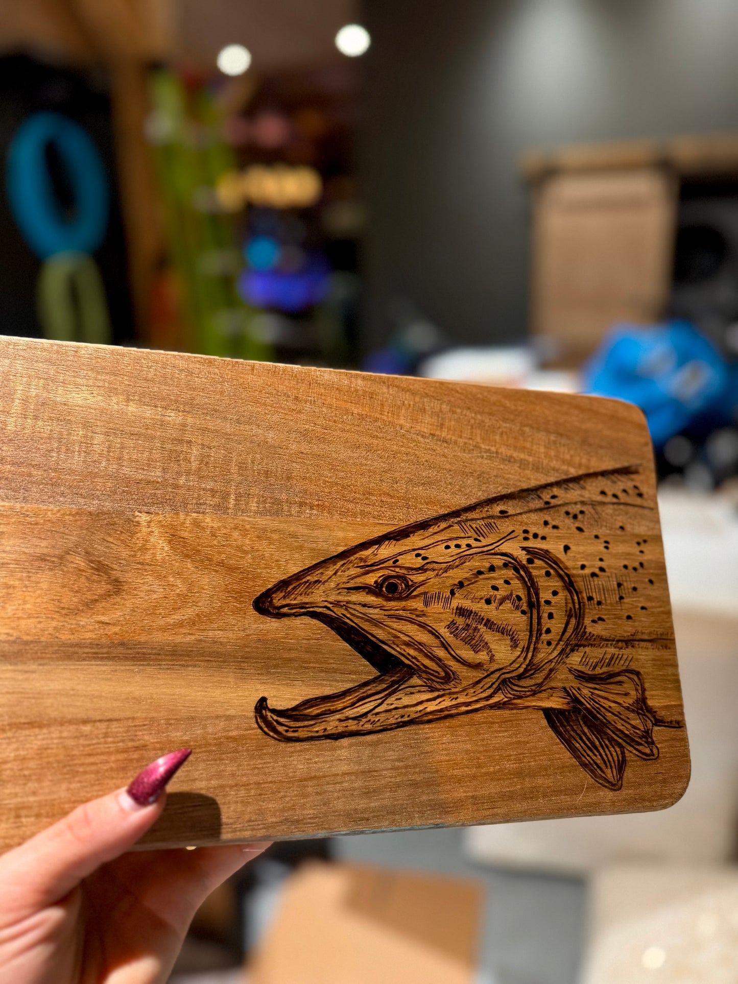 Wood burned brown trout serving tray