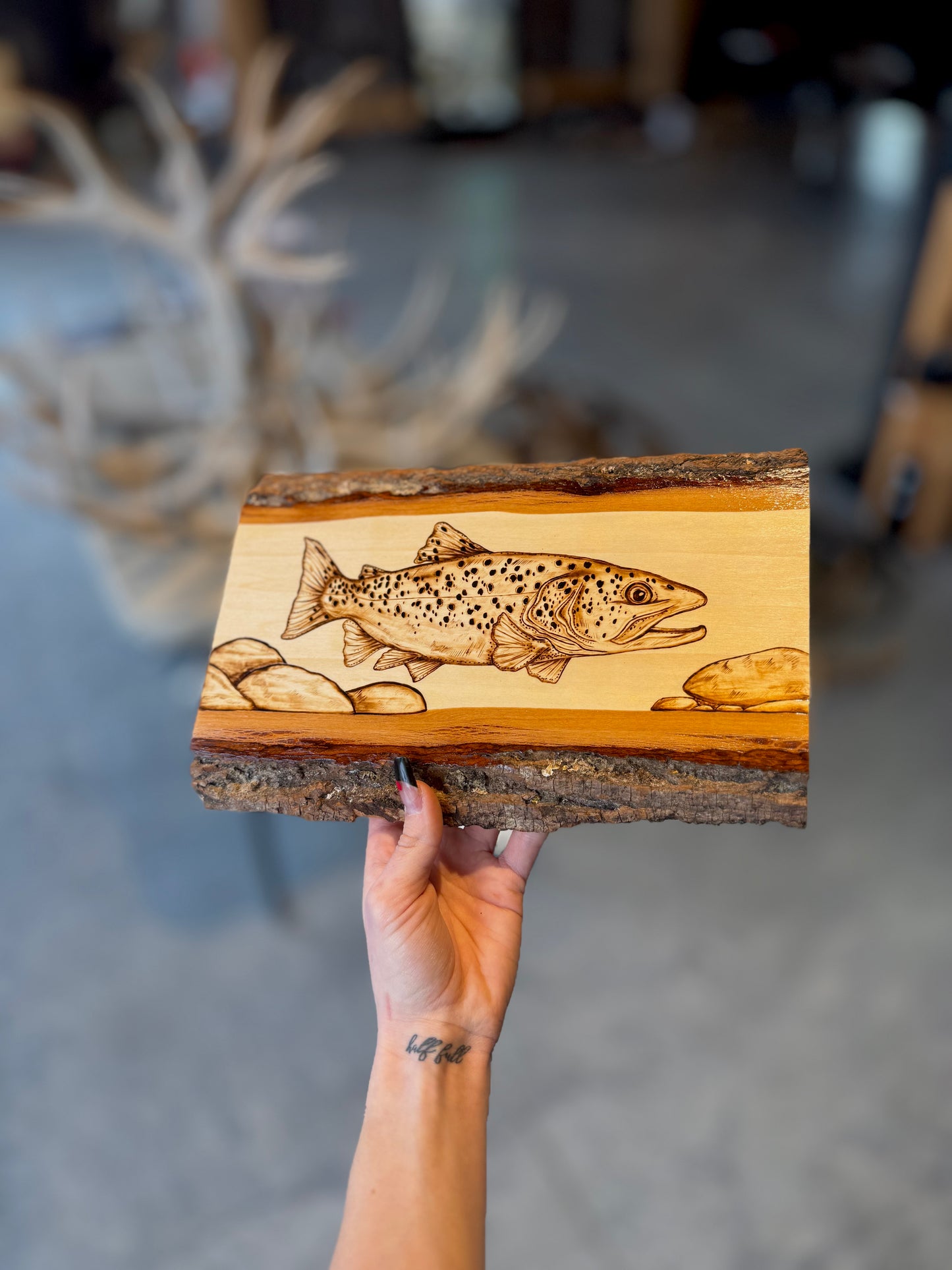 Brown trout wood-burned plank
