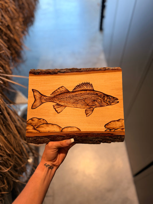 Walleye woodburned plank