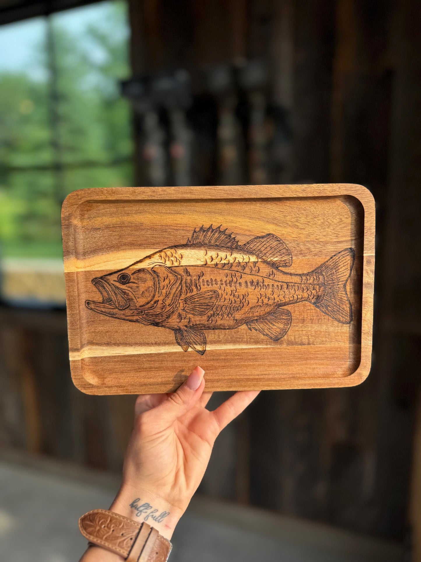 Bass decorative wood tray, wood burned gift