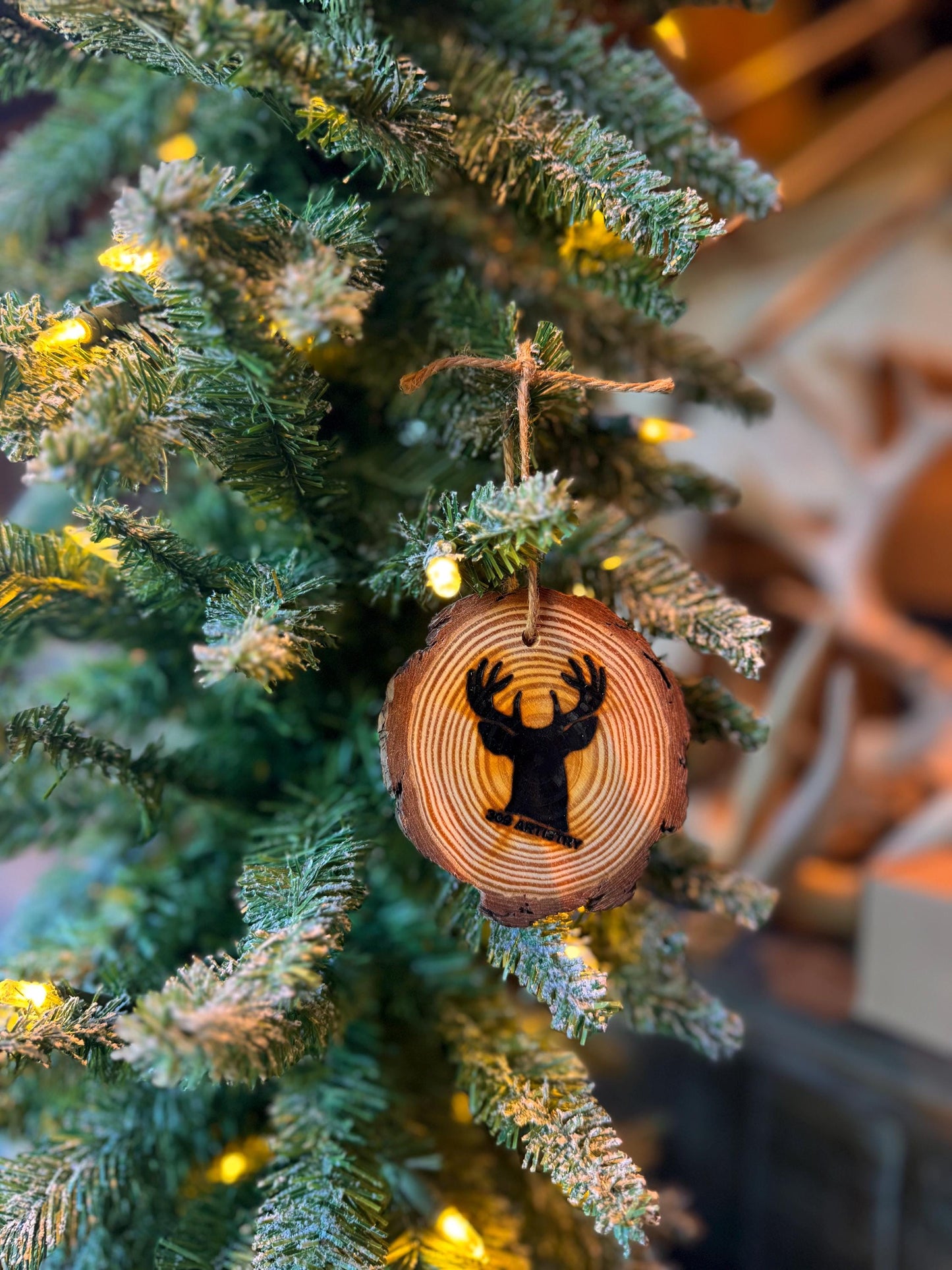 Wood Burned Buck Ornament: Natural Wood Slice, Twine Hanger