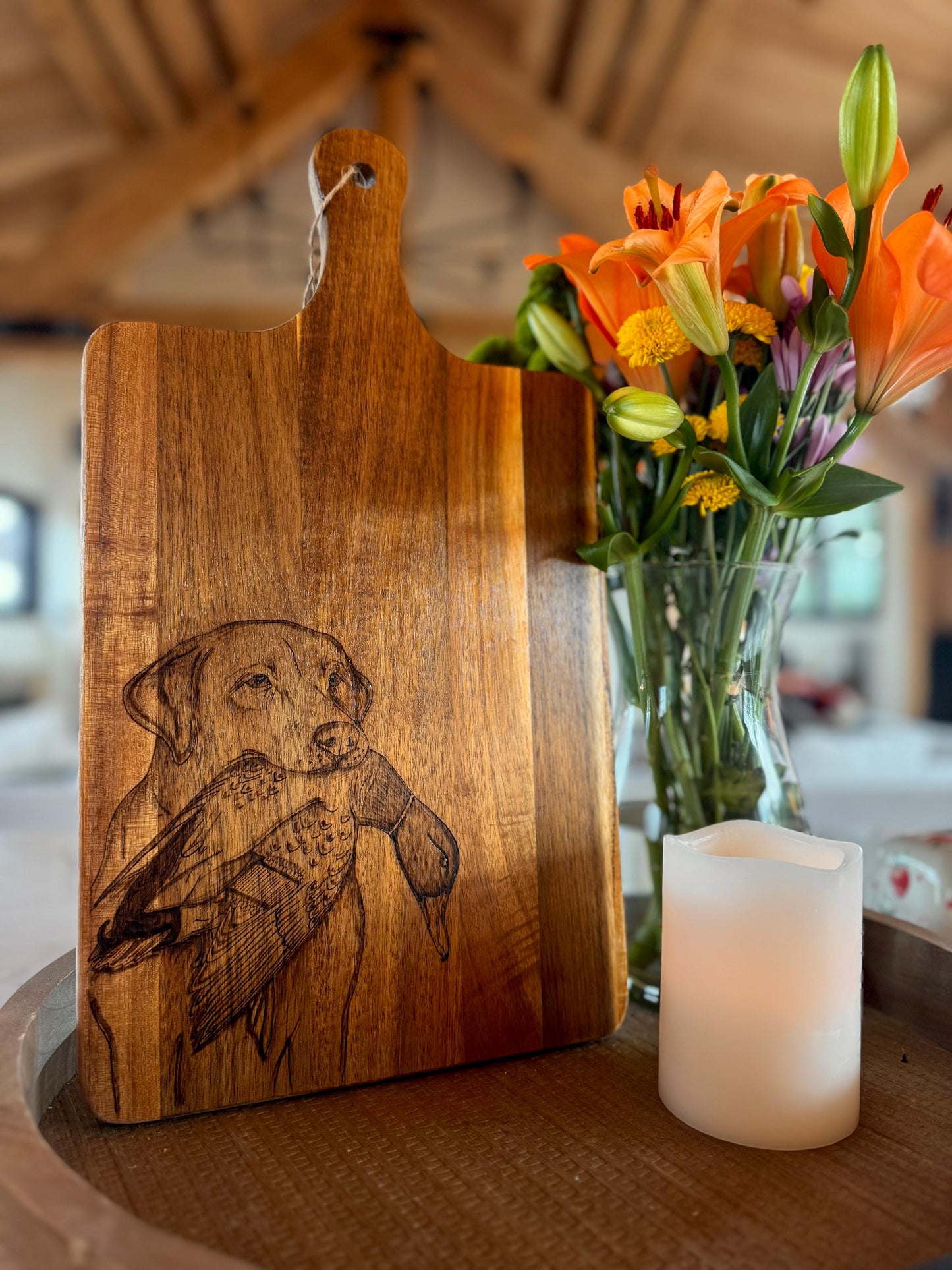 Duck dog wood burned board