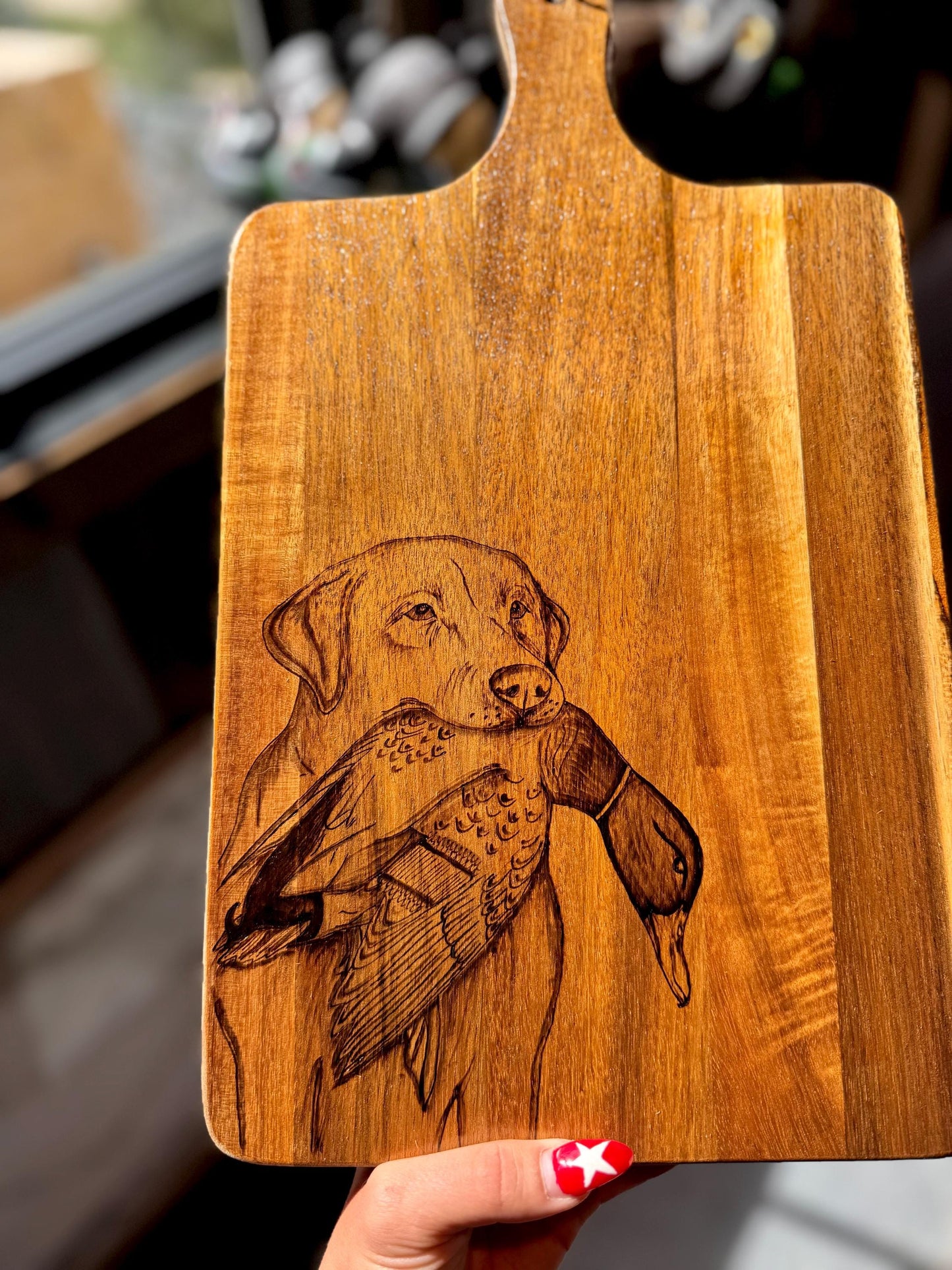 Duck dog wood burned board