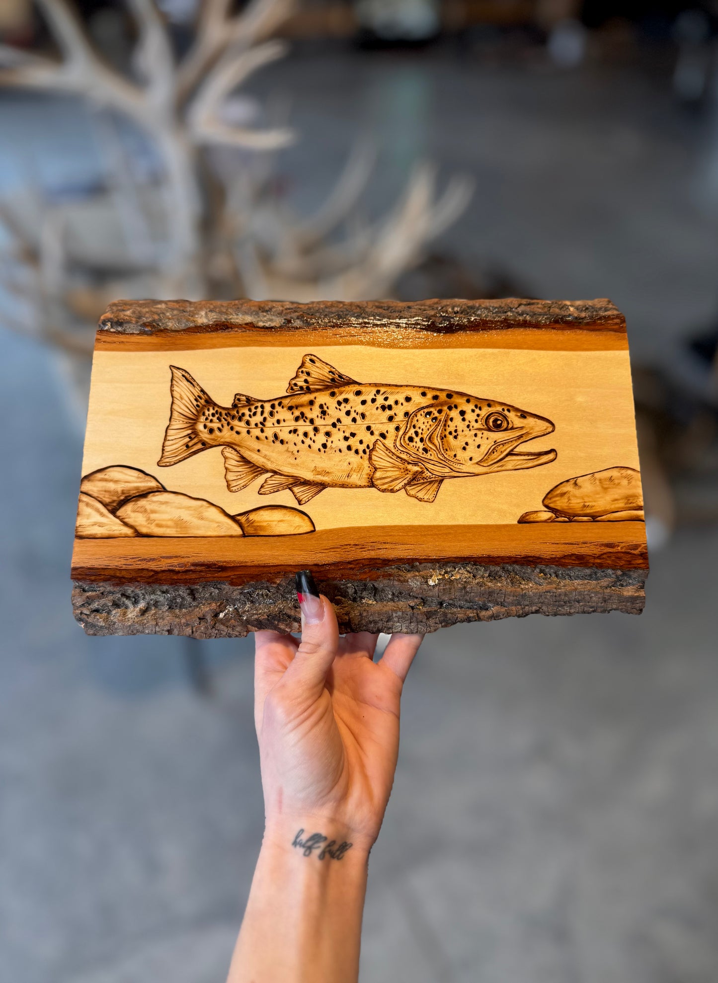 Brown trout wood-burned plank