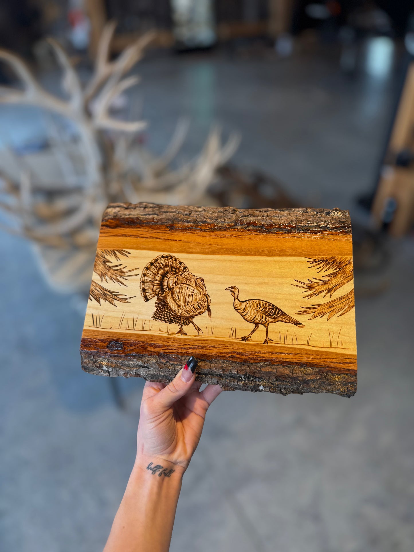 Turkey scene wood-burned plank