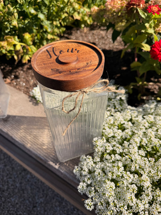 Wood-burned glass jar "flour"