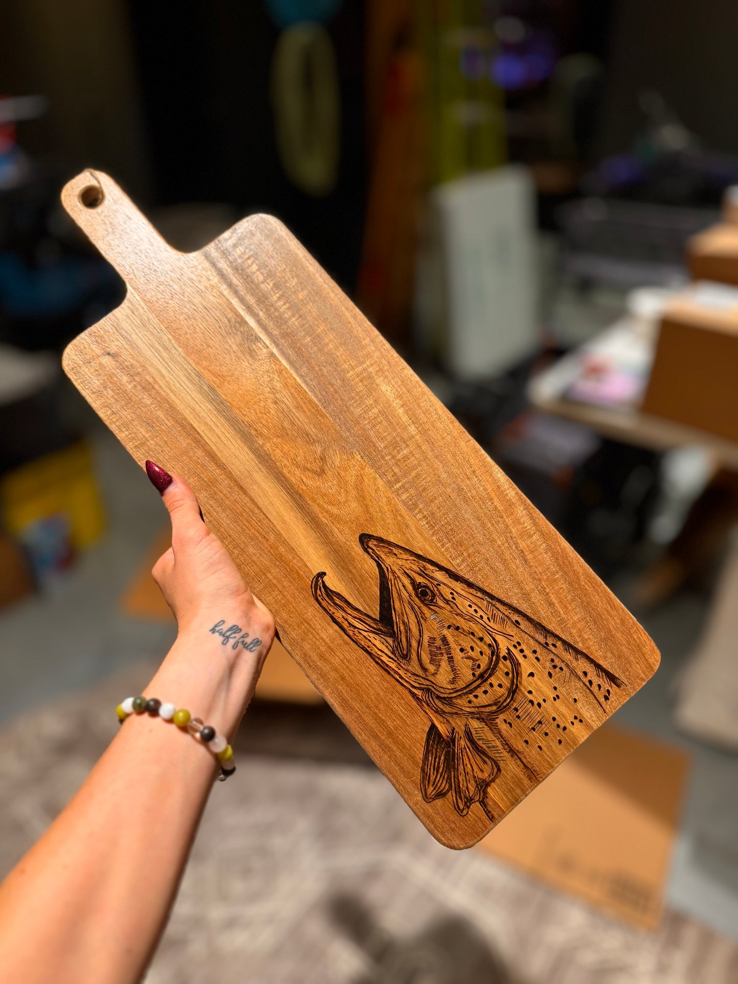 Custom wood burned design