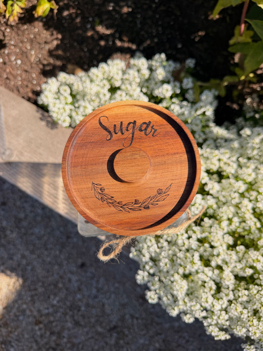 Wood-burned glass jar "sugar"