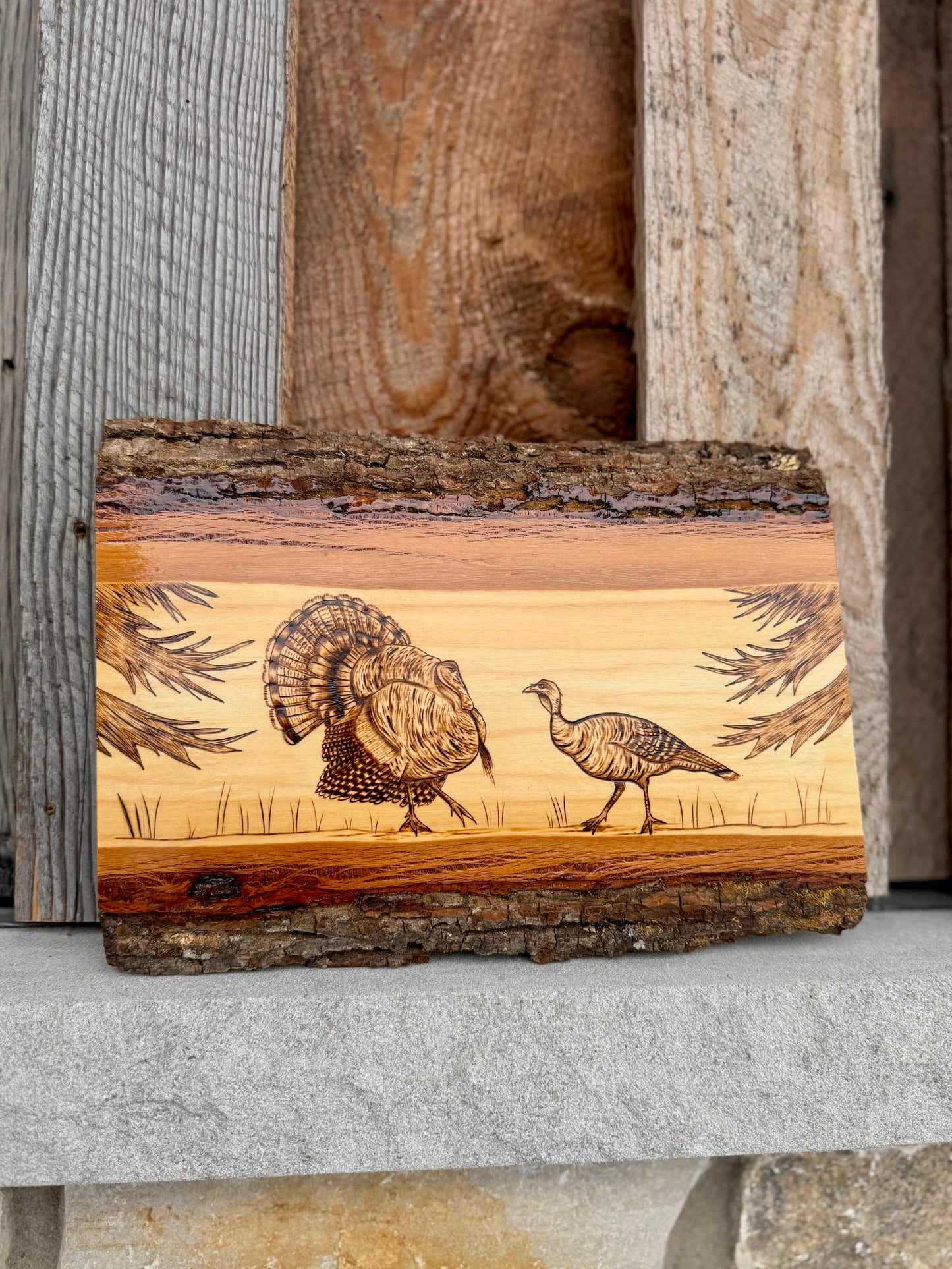 Turkey scene wood-burned plank