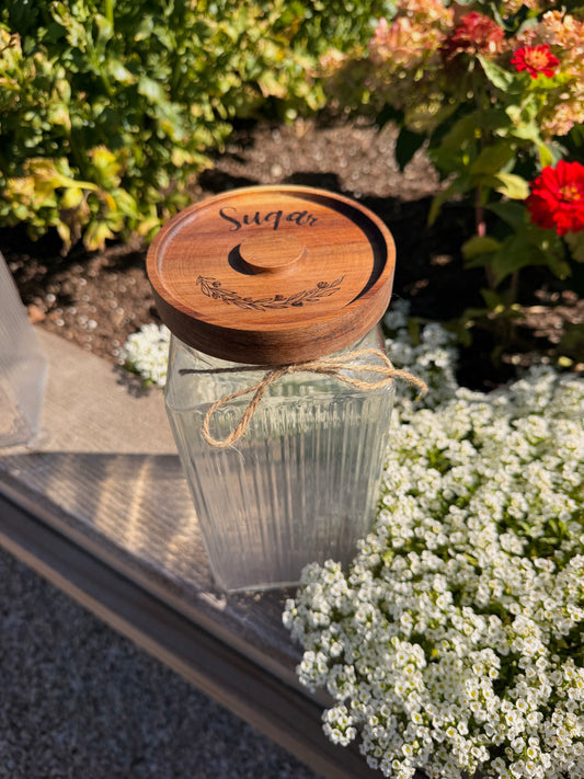 Wood-burned glass jar "sugar"