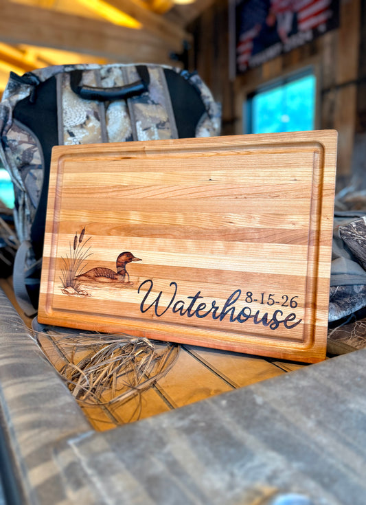 Custom loon scene woodburned board