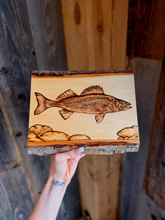 Walleye woodburned plank