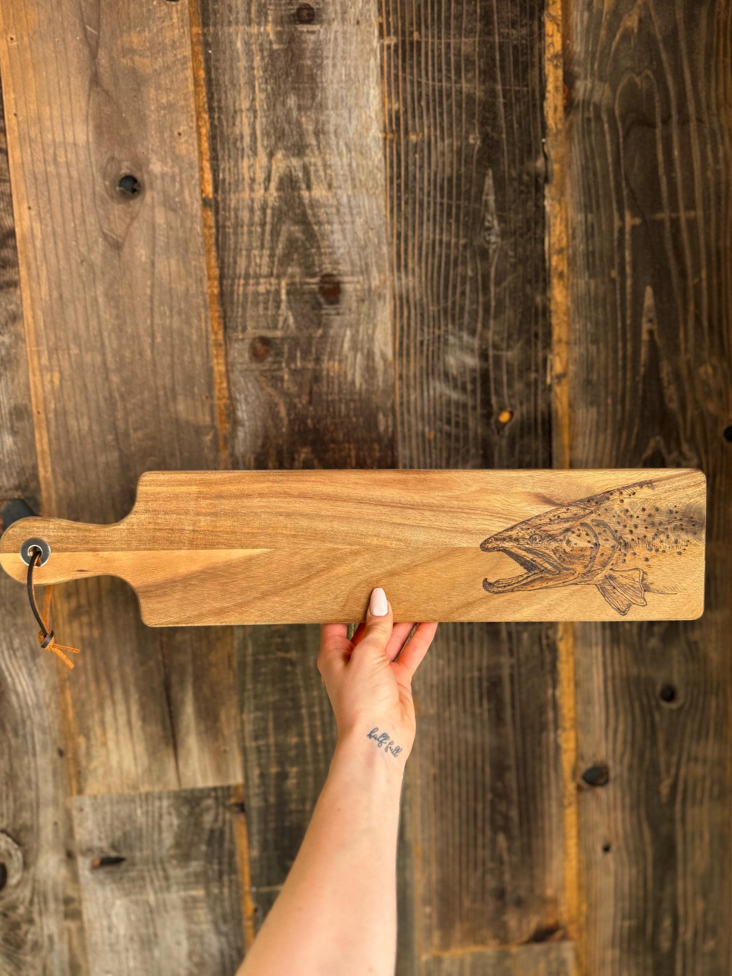 Wood burned brown trout serving tray