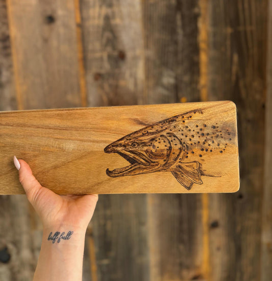 Wood burned brown trout serving tray