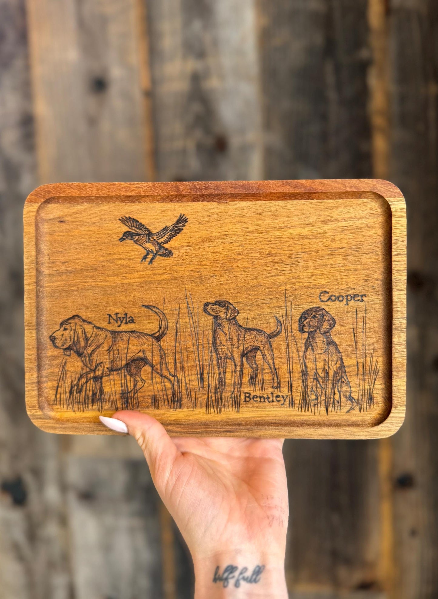 Custom wood burned hunting tray