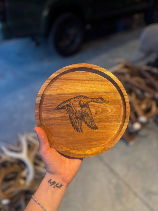 Wood Burned Mallard Plate: Custom Acacia Wood Tray (7.75"D)