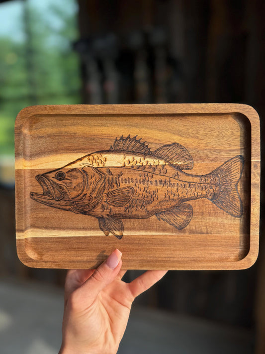 Bass decorative wood tray, wood burned gift