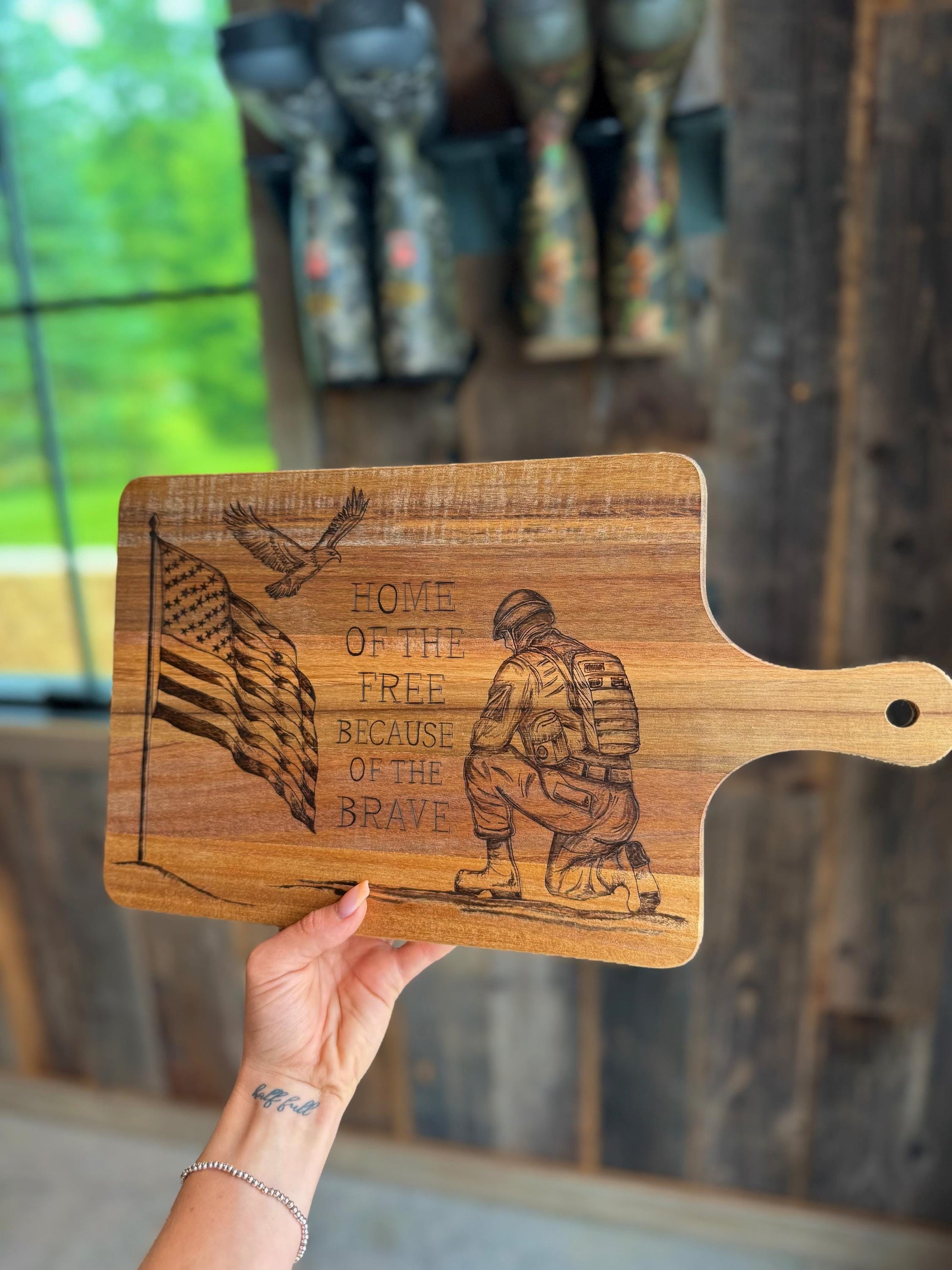 Engraved Patriotic Cutting Board: American Soldier & Eagle - Home of the Free