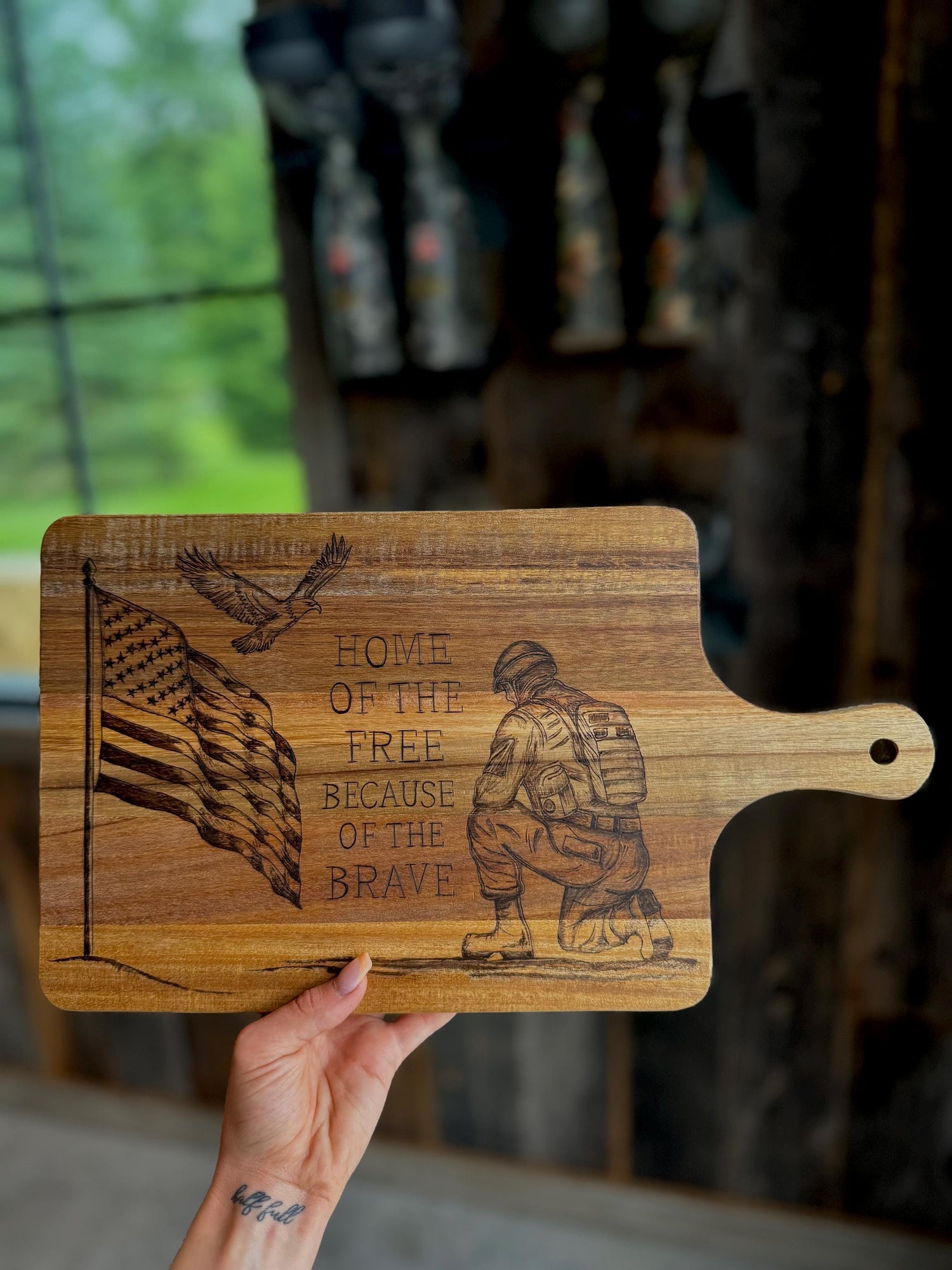 Engraved Patriotic Cutting Board: American Soldier & Eagle - Home of the Free