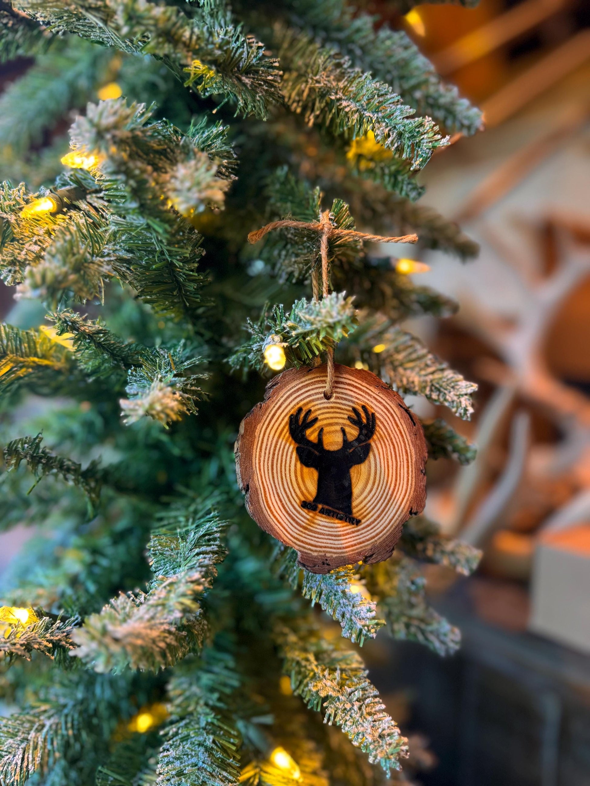 Wood Burned Buck Ornament: Natural Wood Slice, Twine Hanger