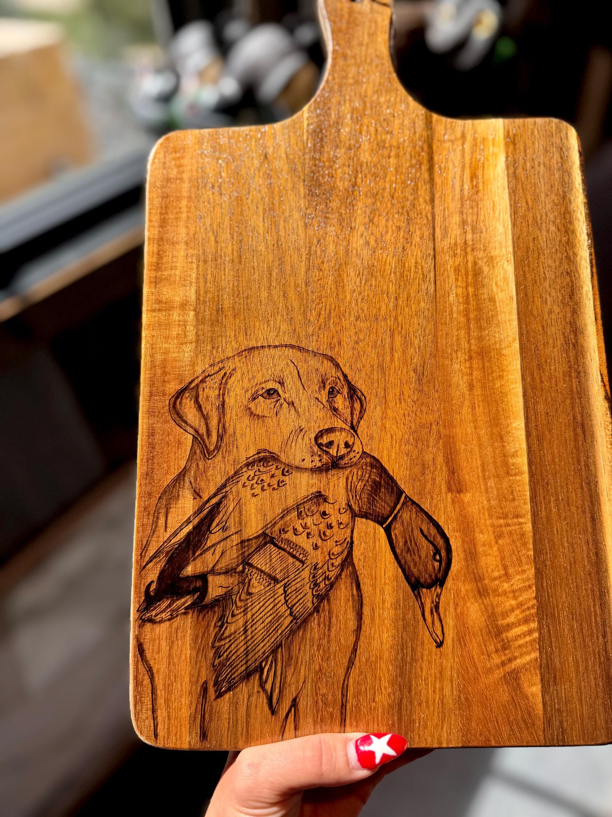 Duck dog wood burned board