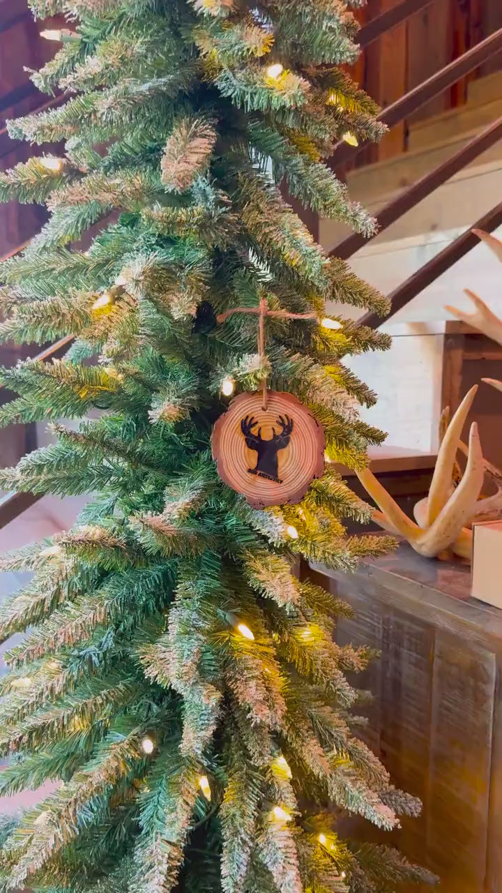 Wood Burned Buck Ornament: Natural Wood Slice, Twine Hanger