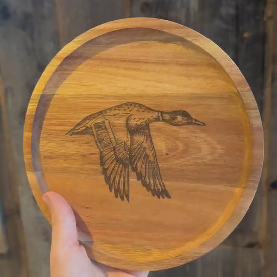 Wood Burned Mallard Plate: Custom Acacia Wood Tray (7.75"D)