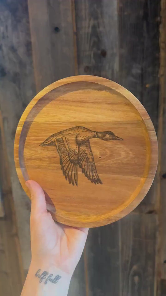 Wood Burned Mallard Plate: Custom Acacia Wood Tray (7.75"D)